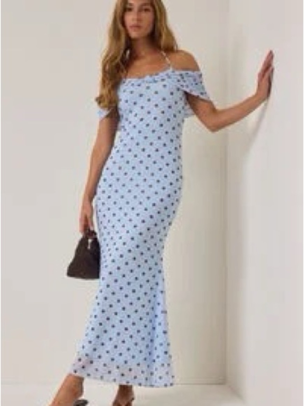 Altar’d State Thomas Polka Dot maxi Off-Shoulder Light Blue Polka Dot Dress